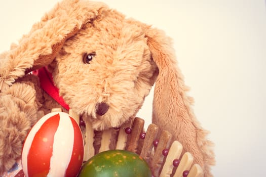 Rabbit, holding and take care colorful easter eggs in basket for happy festival