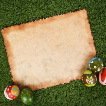 Happy easter eggs festival event on grass and grunge paper,can use as background