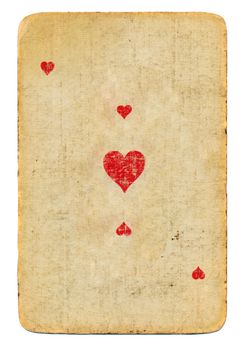 old playing card ace of hearts paper background isolated on white
