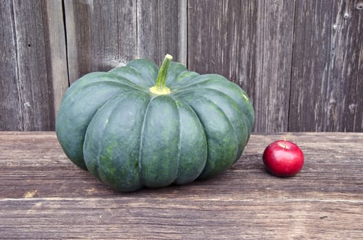 big green pumpkin and red small apple on old wooden background