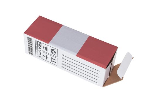 Concept of export, opened paper box - Product of Peru