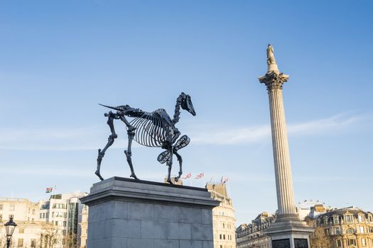 LONDON, UK - MARCH 06: Gift Horse sculpture by Hand Hacke, with Nelson's Column in the background, in Trafalgar Square. March 06, 2015 in London. The artwork shows live FTSE 100 tick in its ribbon.