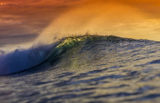 Colored Ocean Wave Falling Down at Sunset Time.