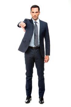 Full length portrait of a businessman looking angry and doing ko sign with one hand