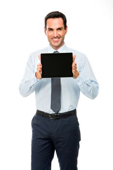 Half length portrait of a smiling businessman with digital tablet