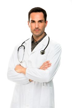 Half length portraif of a thoughtful male doctor with crossed arms and stethoscope