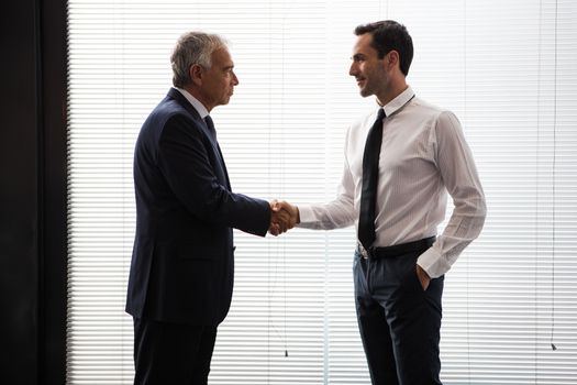 Half length portrait of two businessmen standing up and shaking hands