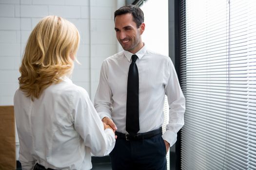 Half length portrait of two businesspeople standing up, smiling and shaking hands