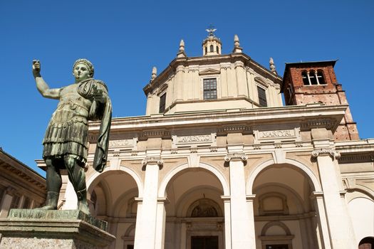 Basilica of Saint Lawrence (San Lorenzo) and the statue of Emperor Constantine in Milan. Dating from the 4th century AD the Basilica called Chiesa di San Lorenzo Maggiore is the oldest church in Milan.