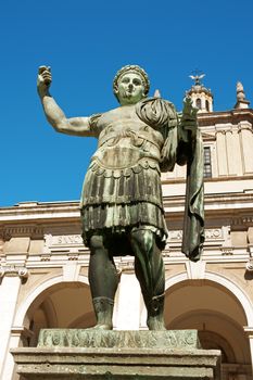 Basilica of Saint Lawrence (San Lorenzo) and the statue of Emperor Constantine in Milan. Dating from the 4th century AD the Basilica called Chiesa di San Lorenzo Maggiore is the oldest church in Milan.