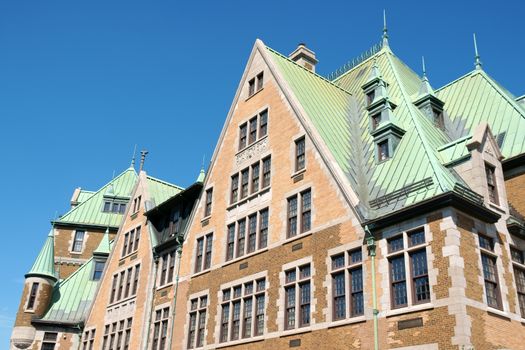 Old copper roofs from the railway and bus station complex in Quebec City, Canada.