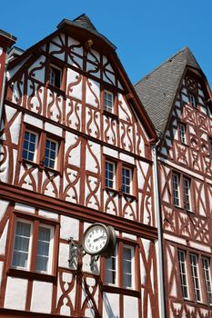 Half-timbered houses in the historical centre of Trier, the oldest city in Germany. This typical medieval houses were made of wooden frameworks (timbers). The spaces between the timbers were often infilled with wattle-and-daub, brick, or rubble.