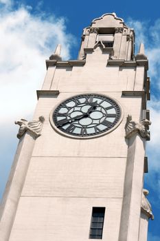 Upper detail of Montreal clock tower located at the entrance of the old port of the city. Also called Victoria Pier or Sailors Memorial Clock, the clock tower was dedicated to Canadian sailors who died in First World War.