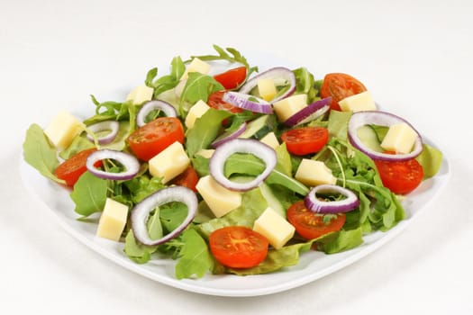 Close-up of a fresh mixed salad with cheese served on white dish.