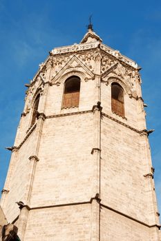 El Miguelete the gothic bell tower of Valencia Cathedral in Spain. The Cathedral was built between 1252 and 1482 on the site of a mosque and previosly a roman temple dedicated to Diana.