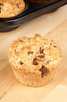 Freshly baked chocolate chip and pine nut muffin over a wooden background