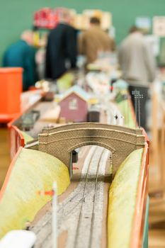 closeup of a bridge feature on a model train set