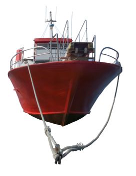 Red boat moored on quay in Mediterranean green water.