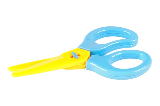 Yellow and cyan toy plastic scissors isolated on white