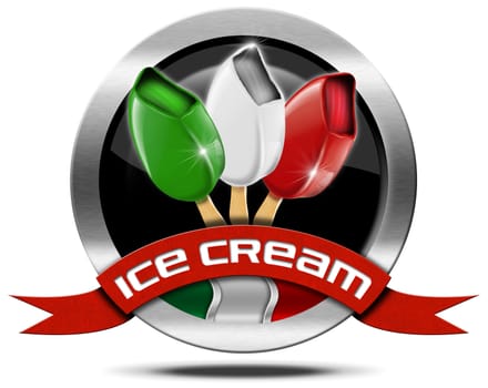Metal icon or symbol with italian flag, red ribbon and three ice creams with stick. Isolated on white background