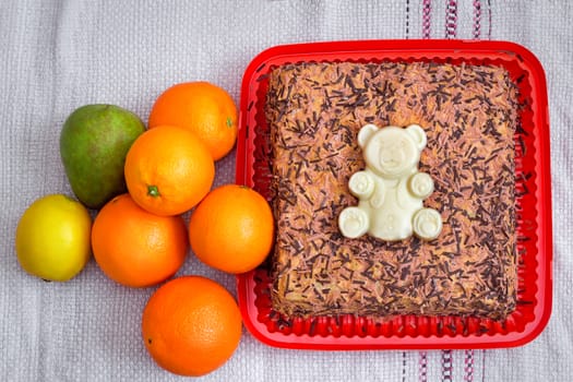Delicious cake , decorated with the figure of a bear white chocolate, and fruit.
