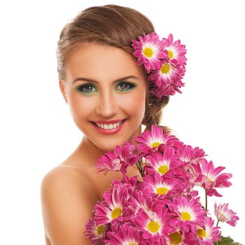 Beautiful young caucasian woman with flowers in hair isolated over white background