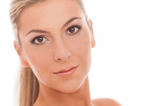 Closeup portrait of beautiful caucasian woman with day makeup