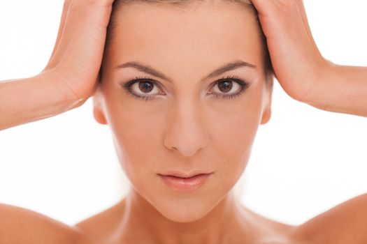 Closeup portrait of beautiful caucasian woman with day makeup