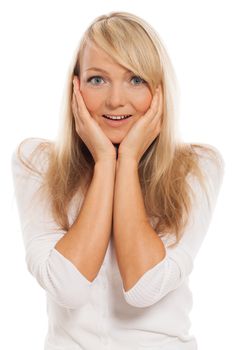 Young attractive woman surprised isolated over white background
