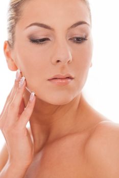 Closeup portrait of beautiful caucasian woman with day makeup