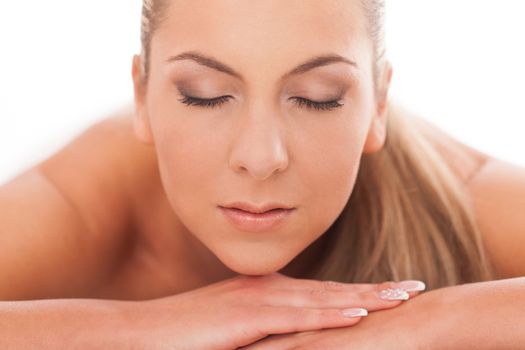 Closeup portrait of beautiful caucasian woman with day makeup