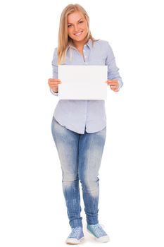 Young blond caucasian woman showing paper over white background