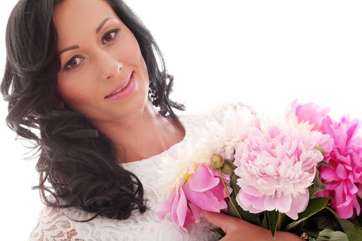 Beautiful caucasian woman with bouquet of peonies