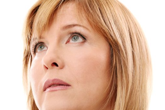 Beautiful middleaged woman with short hair on a white background