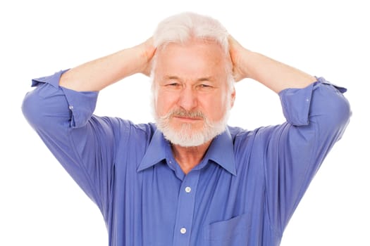 Handsome elderly man with hands on head isolated over white background
