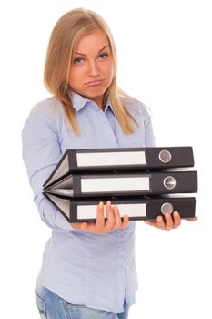 Young blond caucasian woman with maps over white background