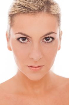 Closeup portrait of beautiful caucasian woman with day makeup