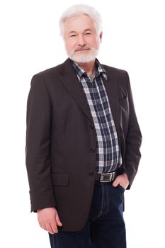 Handsome elderly man with grey beard isolated over white background