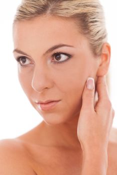 Closeup portrait of beautiful caucasian woman with day makeup