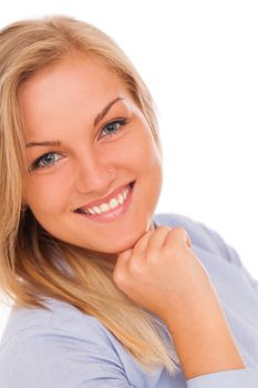 Closeup portrait of young blond caucasian woman smiling over white background