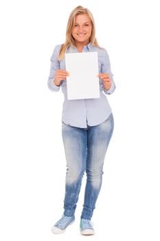 Young blond caucasian woman showing paper over white background