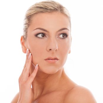 Closeup portrait of beautiful caucasian woman with day makeup