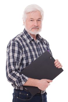 Handsome elderly man with folder isolated over white background
