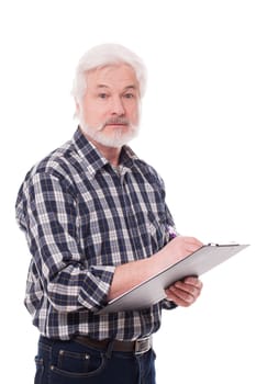 Handsome elderly man with grey beard writing isolated over white background