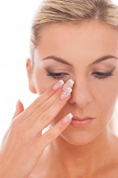 Closeup portrait of beautiful caucasian woman with day makeup