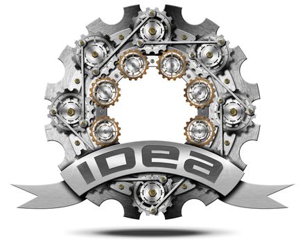 Metal icon with many gears and text idea on an metal ribbon. Isolated on white background