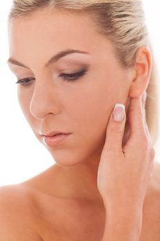 Closeup portrait of beautiful caucasian woman with day makeup