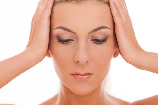 Closeup portrait of beautiful caucasian woman with day makeup