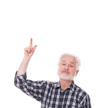 Handsome elderly man with grey beard shows on something isolated over white background