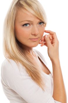 Young attractive woman posing isolated over white background